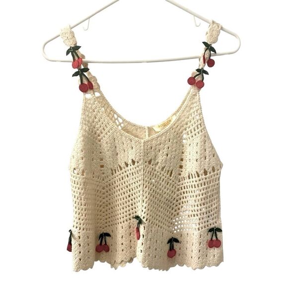 Rebellion Crochet Tank Top Cherries Cream & Red Junior’s Size Small*** - Picture 1 of 13
